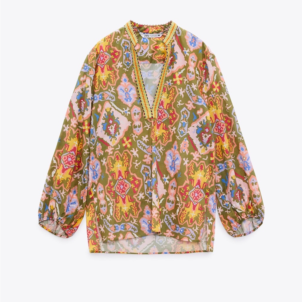 ZARA Olive Green Pink Multicolor Moroccan Printed Embroidered Tunic Blouse Top